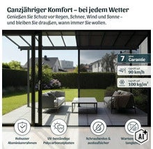Terrassenüberdachung mit Aluminiumrahmen und Polycarbonatplatten für ganzjährigen Wetterschutz mit Garantie und hoher Wind- und Schneelast. (Image AI modified or generated)