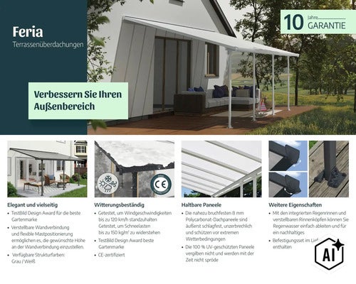 Feria Terrassenüberdachung mit Polycarbonat Paneelen, verstellbarer Wandverbindung, Regenrinnen und 10 Jahre Garantie für den Außenbereich. (Image AI modified or generated)