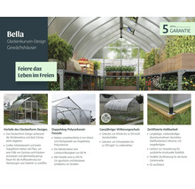 Infografik zu Bella Glockenkurven-Gewächshäusern mit Details zu Windresistenz, Polycarbonat-Paneelen, Aluminiumrahmen und 5 Jahre Garantie.
