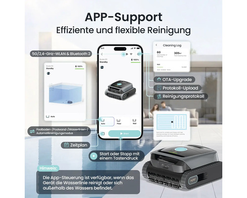 Smartphone-App zur Steuerung des Poolroboters Aiper Scuba S3 mit Reinigungsmodi, Zeitplan und Reinigungsprotokoll.