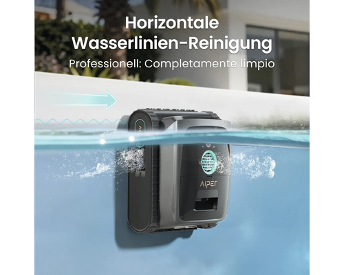 Aiper Poolroboter reinigt horizontal die Wasserlinie eines Schwimmbeckens.
