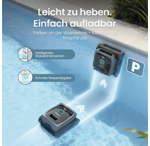 Aiper Poolroboter beim Reinigen des Bodens und der Wand mit Parkfunktion an der Wasserlinie zum einfachen Herausheben und Entleeren.