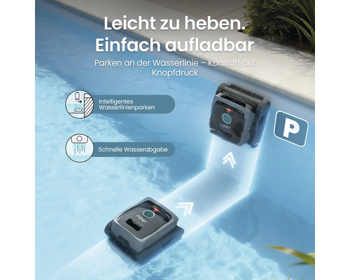 Aiper Poolroboter beim Reinigen des Bodens und der Wand mit Parkfunktion an der Wasserlinie zum einfachen Herausheben und Entleeren.