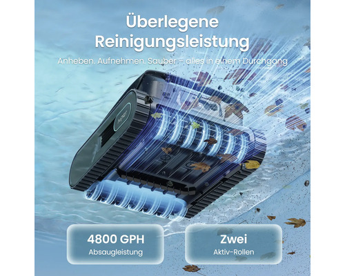Aiper Poolroboter reinigt unter Wasser, saugt Blätter mit 4800 Gallonen pro Stunde Saugleistung und zwei aktiven Rollen auf.
