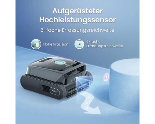Aiper Poolroboter mit Hochleistungssensor, hoher Präzision und sechsfacher Erfassungsreichweite zur Hinderniserkennung im Schwimmbecken.