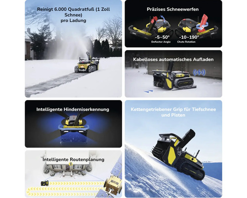 Autonome Schneefräse mit kabellosem Laden, Hinderniserkennung, Routenplanung, Kettenantrieb und verstellbarem Auswurf.