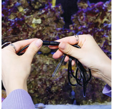 Hände verbinden ein schwarzes Kabel eines Aquarien-Temperatursensors mit Metallsonde vor einem Aquarium.