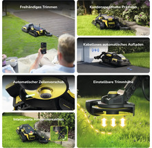 Collage zeigt Funktionen eines Mähroboters wie freihändiges Trimmen, kabelloses Laden, Hinderniserkennung, Fadenverlängerung und Höhenverstellung.