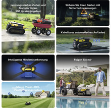 Yarbo Gartenroboter im Einsatz: Transportiert Anhänger, lädt kabellos, erkennt Hindernisse und nutzt ein satellitengestütztes Navigationssystem.