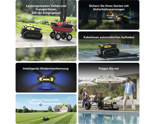 Yarbo Gartenroboter im Einsatz: Transportiert Anhänger, lädt kabellos, erkennt Hindernisse und nutzt ein satellitengestütztes Navigationssystem.
