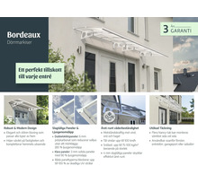 Weiße Türvordach Bordeaux über einer Eingangstür mit modernen Polycarbonat-Paneelen und robustem Design für Wetterschutz.