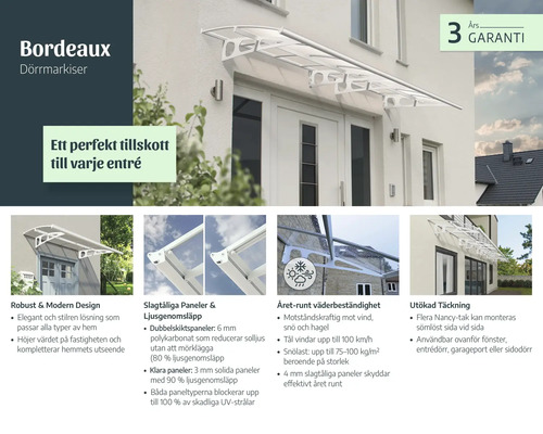 Weiße Türvordach Bordeaux über einer Eingangstür mit modernen Polycarbonat-Paneelen und robustem Design für Wetterschutz.