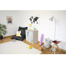 Helles Zimmer mit Sitzsack, Holzregal, Stehlampe und Teppich auf Holzboden. Modern und übersichtlich eingerichtet.