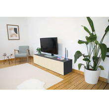 Modernes Wohnzimmer mit TV-Board mit vertikalen Holzlamellen, Fernseher, Sessel und Zimmerpflanze auf Holzfußboden.