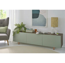 Helles, modern eingerichtetes Wohnzimmer mit einem Sideboard in Grün und Holzoptik, einem grauen Sessel, einer Zimmerpflanze und einer Tischleuchte.