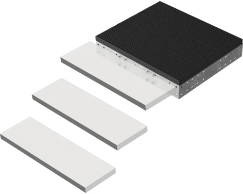 Set bestehend aus einer geriffelten Antivibrationsplatte auf einem Metallrahmen und drei rechteckigen weißen Einlegeplatten.