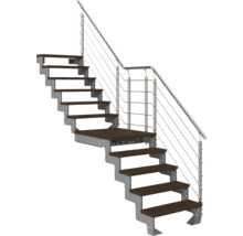 Modulare Treppe mit Zwischenpodest, Metallwangen, dunklen Holzstufen und Edelstahlgeländer mit Drahtseilen.