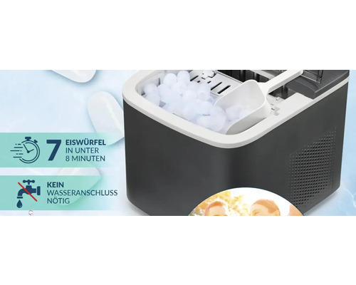 Eismaschine produziert 7 Eiswürfel in unter 8 Minuten, kein Wasseranschluss nötig, inklusive Eisschaufel.
