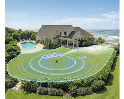 Rasensprenger im hellen Garten mit 500 Quadratmetern Bewässerungsfläche und 13 Metern Reichweite bei einem Haus mit Pool am Meer