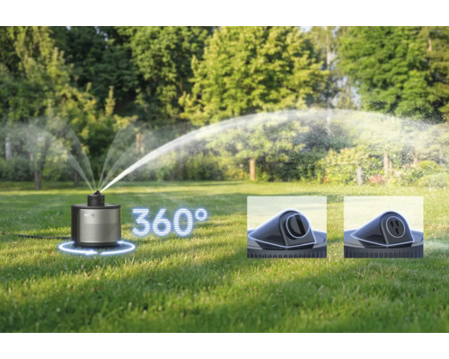 Rasensprenger im Garten mit 360 Grad Rotation und einstellbaren Düsen auf einer grünen Rasenfläche.