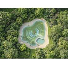 Vogelperspektive eines organisch geformten Gartenteichs mit Springbrunnen und konzentrischen Wellen, umgeben von dichtem Wald und Grünanlagen.