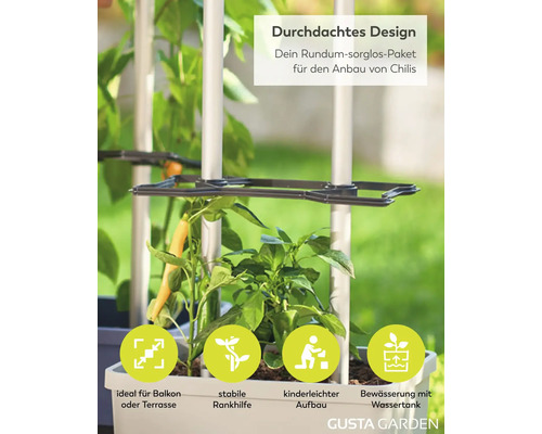Gusta Garden Chili-Anbau-Set mit stabiler Rankhilfe und Wassertank für Balkon und Terrasse.
