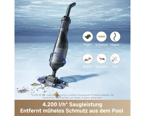 Poolreiniger unter Wasser für Algen, Schlamm, Haare, Blätter, Insekten und Kies, Saugleistung 4200 Liter pro Stunde.