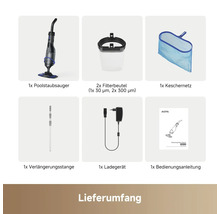 Lieferumfang Poolstaubsauger-Set mit Filterbeuteln, Keschernetz, Verlängerungsstange, Ladegerät und Bedienungsanleitung.