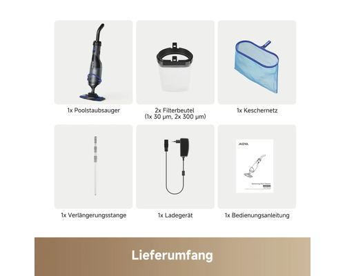 Lieferumfang Poolstaubsauger-Set mit Filterbeuteln, Keschernetz, Verlängerungsstange, Ladegerät und Bedienungsanleitung.