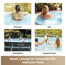 Kollage verschiedener Pooltypen wie Whirlpools, Spas, Aufstellpools und eingebaute Pools zur Veranschaulichung der Kompatibilität.