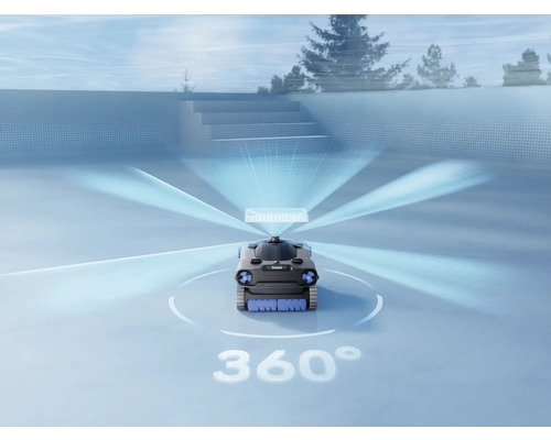 Poolroboter mit 360 Grad Rundum-Erkennung bei der Reinigung des Poolbodens.