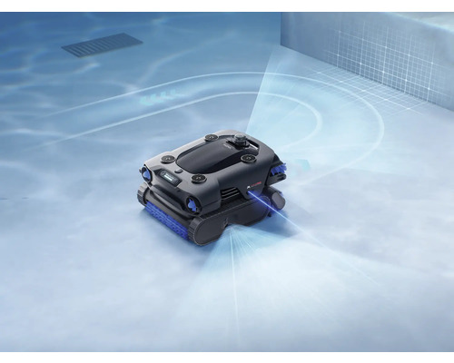 Automatischer Poolroboter zur Bodenreinigung im Schwimmbecken mit Sensortechnologie zur Navigation.
