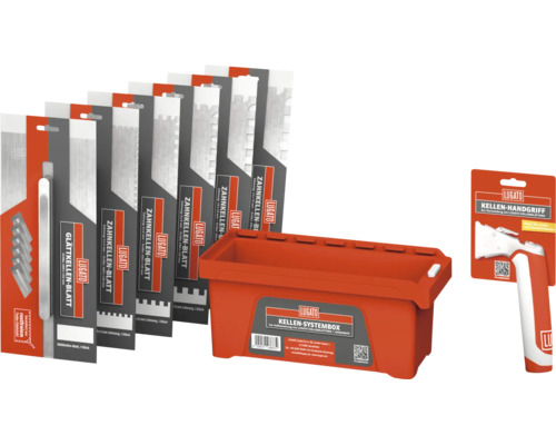 Lugato Set mit Kellen-Systembox, Glättkellen- und Zahnkellen-Blättern aus rostfreiem Edelstahl sowie einem Kellen-Handgriff.