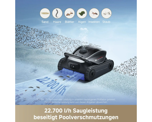 Poolroboter mit 22.700 Liter pro Stunde Saugleistung entfernt Sand, Haare, Blätter, Algen, Insekten und Staub vom Poolboden.