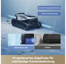 MOVA Diver A10 Poolroboter mit durch künstliche Intelligenz gesteuerter Kantenerfassung im Vergleich zu anderen Geräten in einer Poolecke.