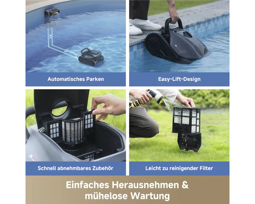 Funktionen des Poolroboters: automatisches Parken, einfaches Anheben am Griff sowie ein entnehmbarer und leicht zu reinigender Filterkorb.