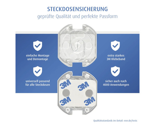 Steckdosensicherung mit 3M Klebeband, universell passend, einfache Montage und sicher nach 4000 Anwendungen.