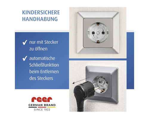 Kindersicherung für Steckdosen von reer mit automatischem Verschluss. Lässt sich nur mit einem Stecker öffnen. reer Logo.