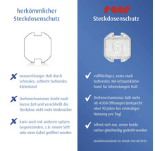 Vergleich von Steckdosenschutz: reer Modell mit 3M-Klebeband und langlebigem Drehmechanismus gegenüber herkömmlichen Modellen.