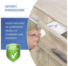 Magnetische Kindersicherung für Schubladen und Schränke, Entriegelung mit Magnetschlüssel von außen, Produkt mit geprüfter Kindersicherheit.