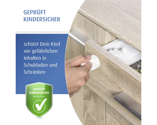Magnetische Kindersicherung für Schubladen und Schränke, Entriegelung mit Magnetschlüssel von außen, Produkt mit geprüfter Kindersicherheit.