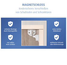 Magnetschloss für Kindersicherung von Schubladen und Schranktüren, unsichtbare Innenmontage durch Kleben oder Schrauben, inklusive Montagehilfe.