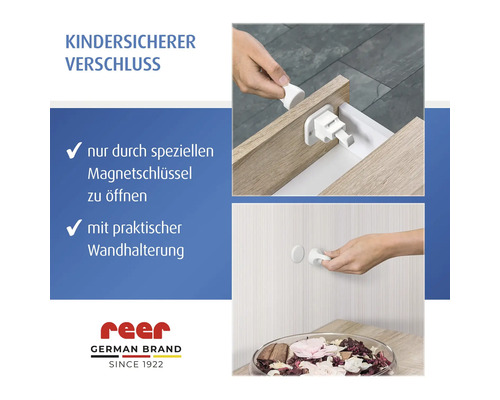 Kindersicherer Verschluss für Schubladen mit Magnetschlüssel und Wandhalterung von reer.