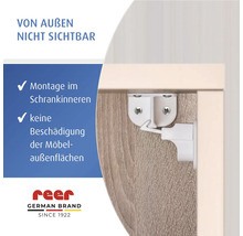 Kindersicherung für Schränke zur Innenmontage, von außen nicht sichtbar, ohne Beschädigung der Möbelaußenflächen, reer Logo.