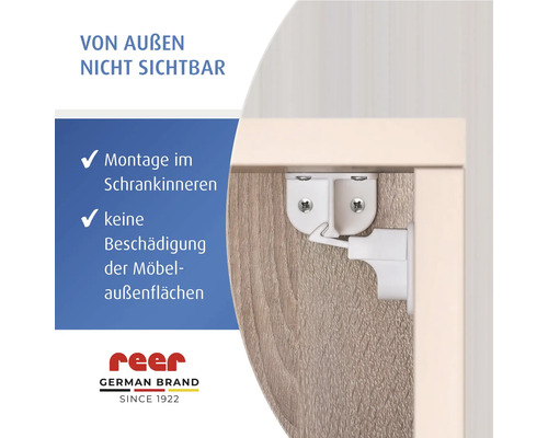 Kindersicherung für Schränke zur Innenmontage, von außen nicht sichtbar, ohne Beschädigung der Möbelaußenflächen, reer Logo.