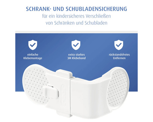 Weiße Schrank- und Schubladensicherung für kindersicheres Verschließen mit Klebemontage, starkem 3M Klebeband und rückstandsfreier Entfernung.
