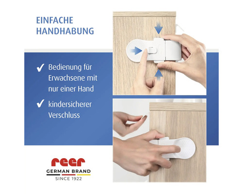 Kindersicherung für Möbel von reer, einhändige Bedienung für Erwachsene, kindersicherer Verschluss, reer Logo.