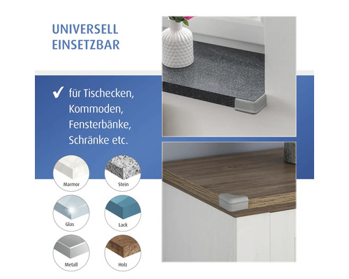 Eckenschutz für Tischecken, Kommoden und Fensterbänke, geeignet für Oberflächen wie Marmor, Stein, Glas, Lack, Metall und Holz.