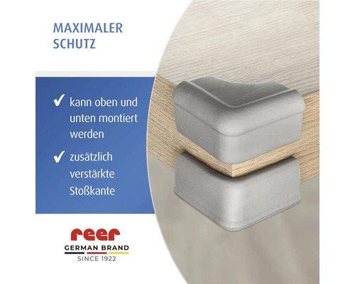 Reer Eckenschutz für Tischkanten, oben und unten montierbar, verstärkte Stoßkante für maximalen Schutz, reer Logo.