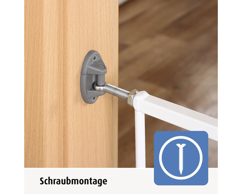 Schraubmontage eines Treppenschutzgitters an einem Türrahmen aus Holz mit grauer Halterung und Gewindeschraube.